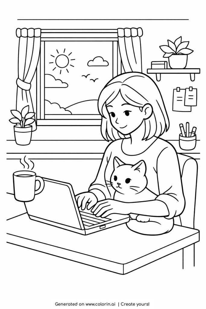 girl working on laptop with cat coloring page showing a cozy desk scene with a girl typing and a cat on her lap coloring page