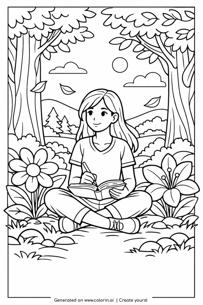girl writing in notebook outdoors coloring page showing a girl sitting among flowers and trees coloring page