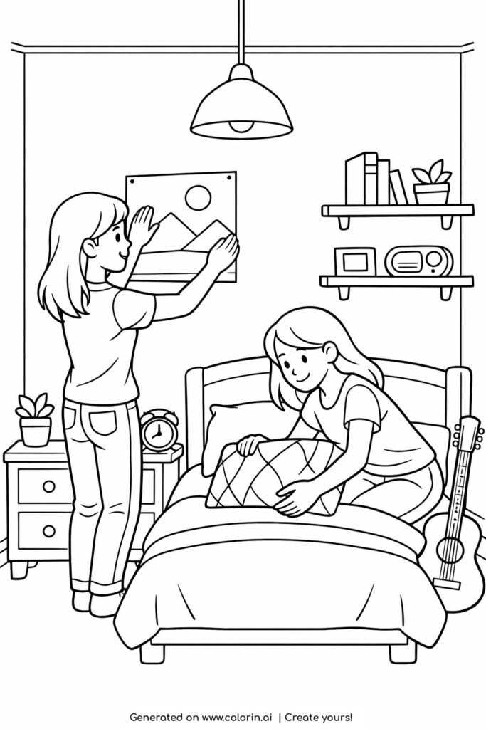 girls decorating bedroom together coloring page with wall art pillow bed and cozy decor coloring page