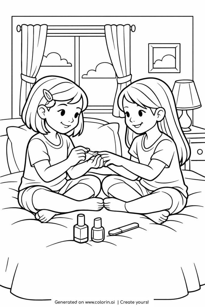 girls doing manicure on bed coloring page showing two friends painting nails in a cozy bedroom