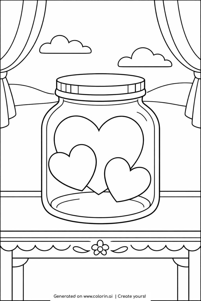 glass jar of hearts coloring page with three hearts inside a clear jar on a table coloring page