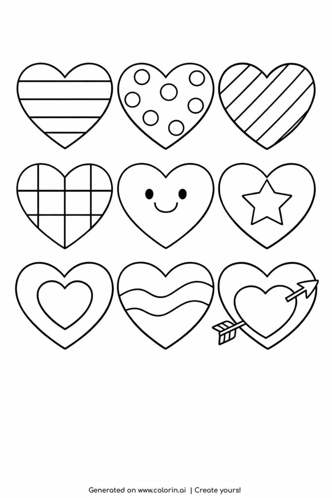 grid of patterned hearts coloring page showing nine hearts with simple patterns coloring page