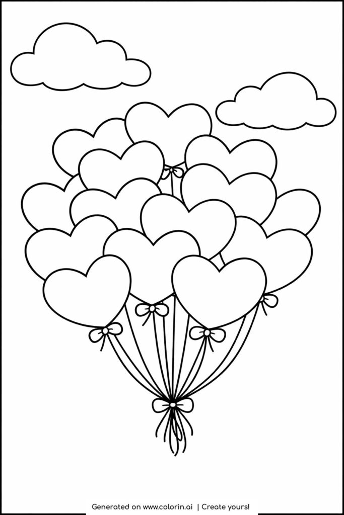 heart balloon bouquet with clouds coloring page bunch of heart shaped balloons floating with clouds coloring page