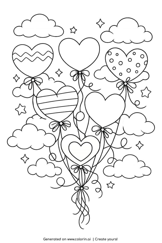 heart balloons floating in the sky coloring page with clouds stars and ribbons coloring page