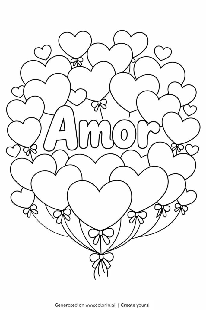 heart balloons with love word coloring page with floating heart balloons and bows coloring page
