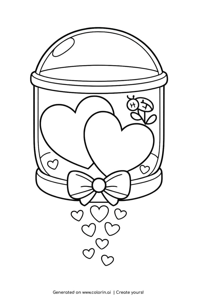 heart capsule jar falling hearts coloring page showing a round jar with hearts gently dropping coloring page