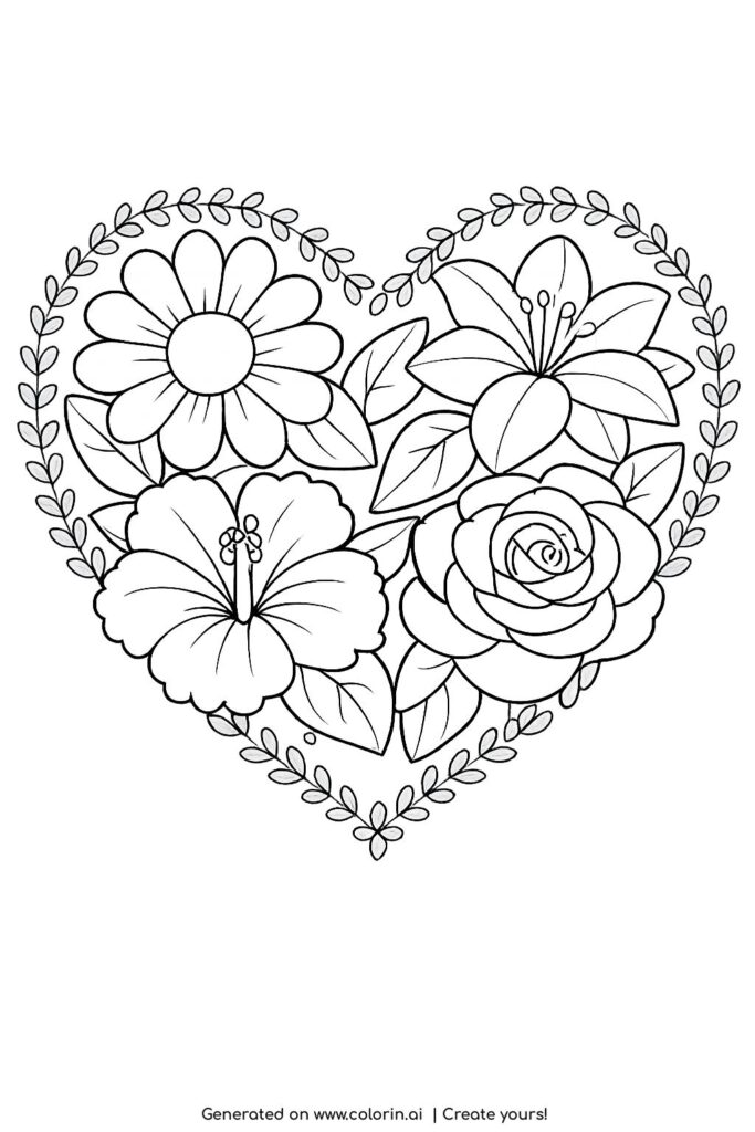 heart filled with flowers coloring page showing a floral heart with leaves and decorative border coloring page