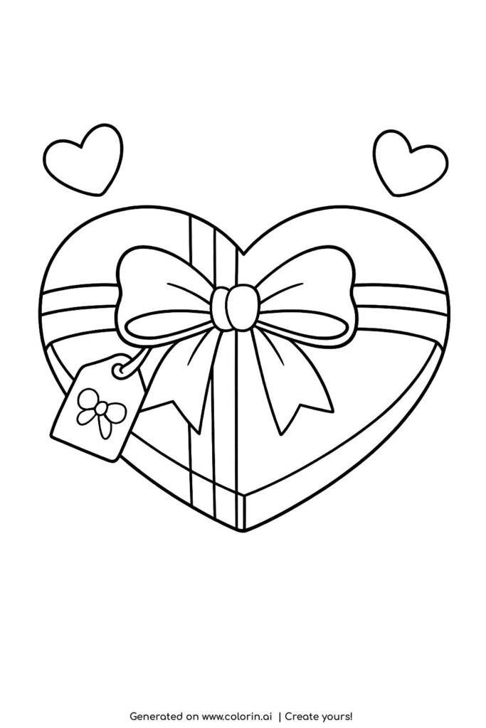 heart gift box with bow coloring page with ribbon and small floating hearts coloring page