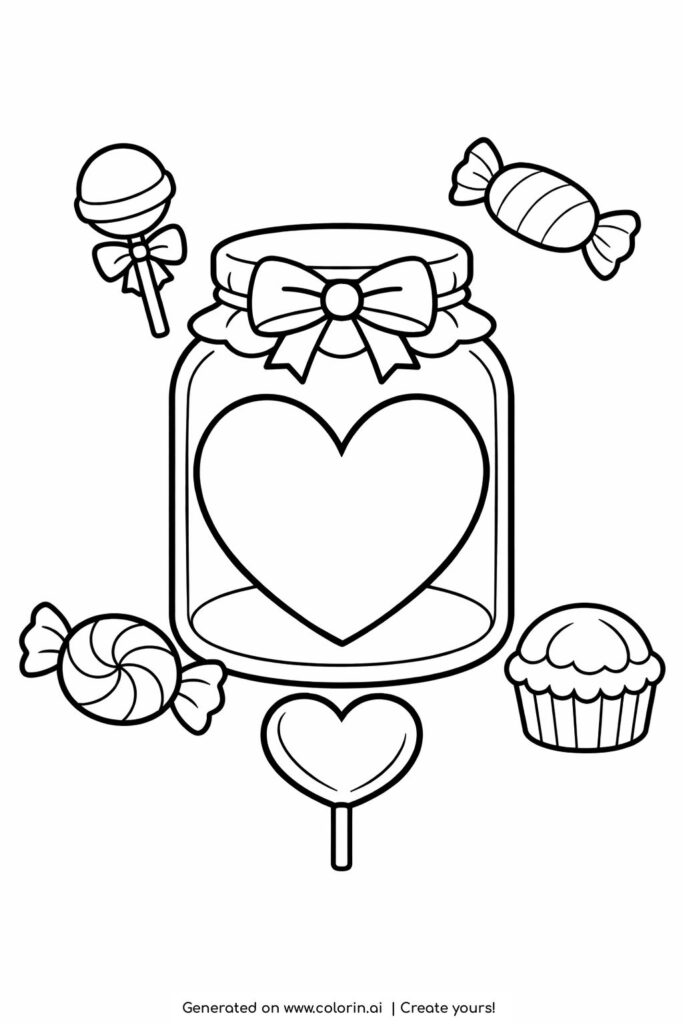 heart in candy jar with sweets coloring page glass jar with heart and candies around coloring page