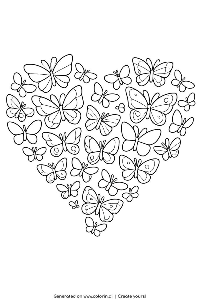 heart made of butterflies coloring page with multiple butterflies forming a heart shape coloring page