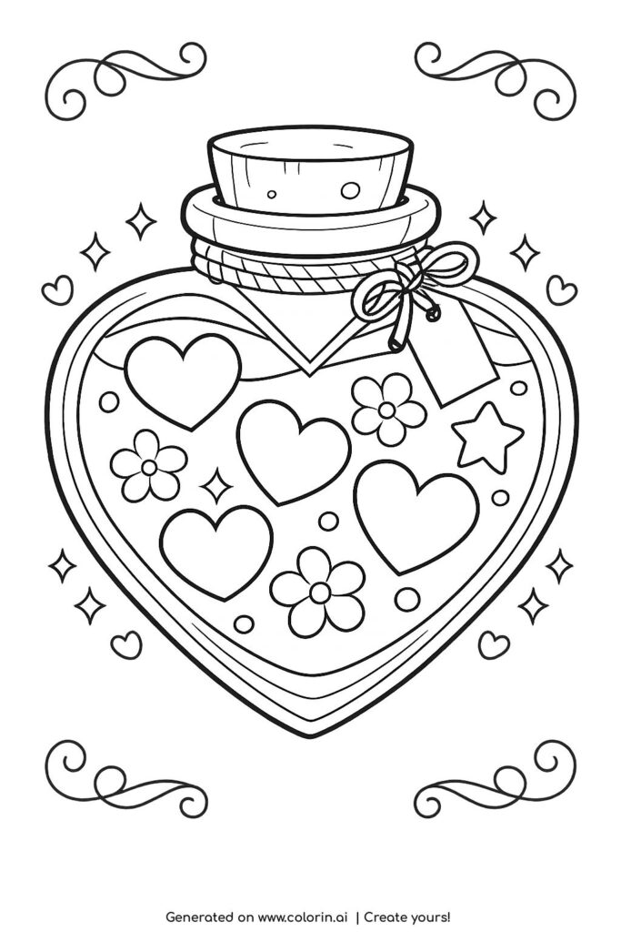 heart shaped bottle with hearts coloring page showing a decorative glass bottle filled with hearts coloring page
