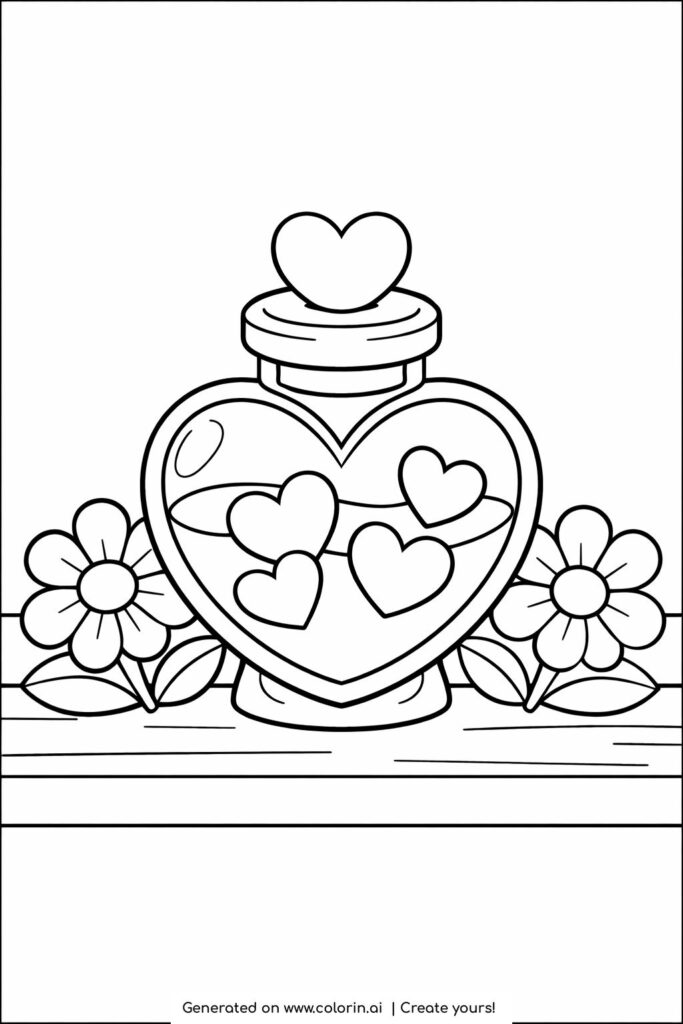 heart shaped jar with hearts inside coloring page with flowers on a table coloring page