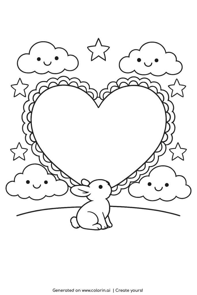 heart with bunny and clouds coloring page showing a cute rabbit under a heart with smiling clouds and stars coloring page