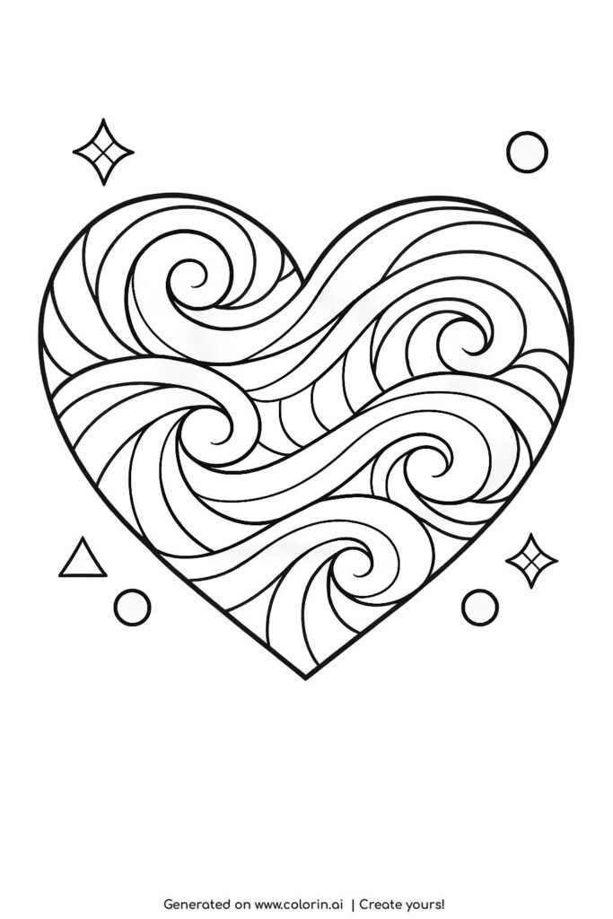 heart with flowing wave patterns coloring page featuring swirling lines and soft decorative shapes coloring page