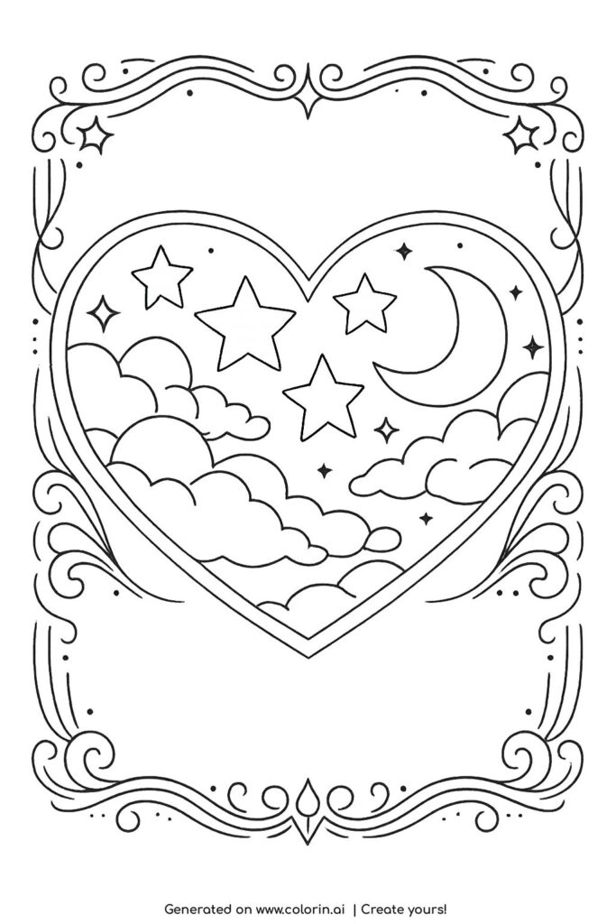 heart with moon and stars coloring page showing a dreamy night sky inside a heart coloring page