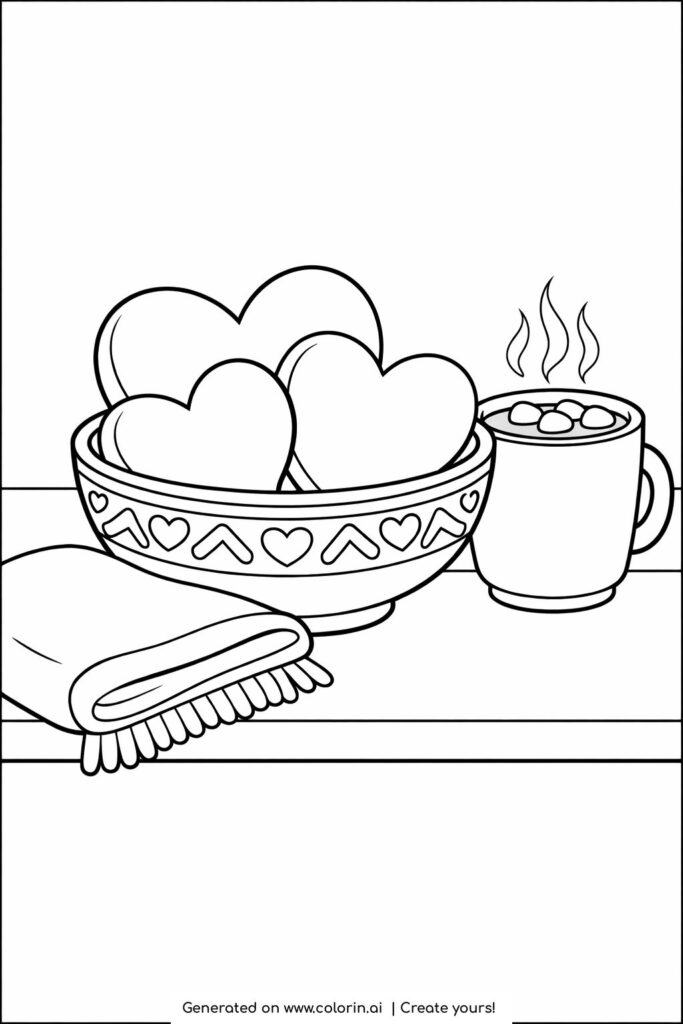 hearts in bowl with hot cocoa coloring page with decorative bowl and steaming mug coloring page