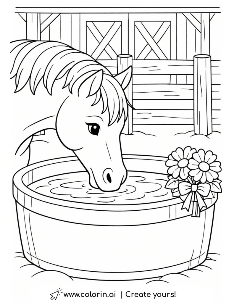 horse drinking from water trough coloring page with barn and flowers coloring page