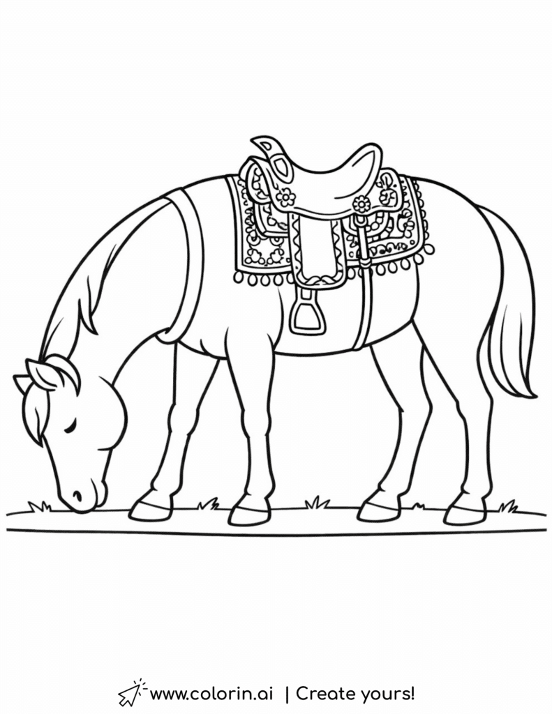 horse grazing with decorative saddle coloring page with detailed western saddle coloring page