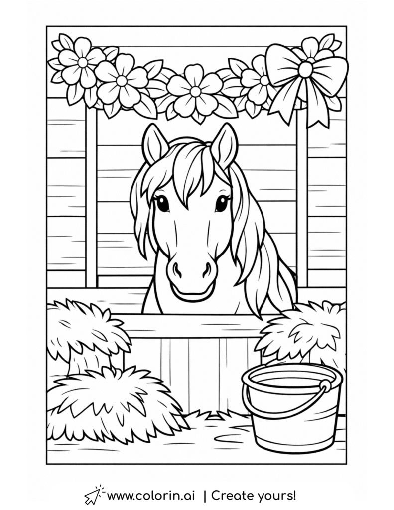 horse in stable with flowers coloring page with hay and bucket coloring page