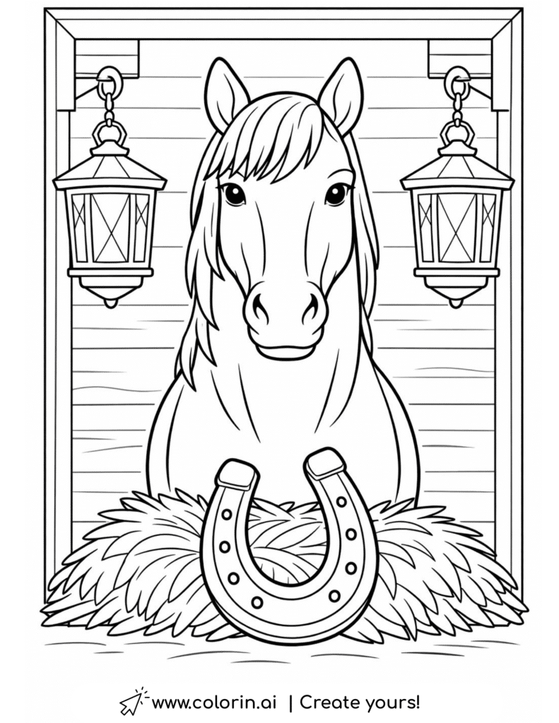 horse in stable with horseshoe coloring page with lanterns and hay coloring page