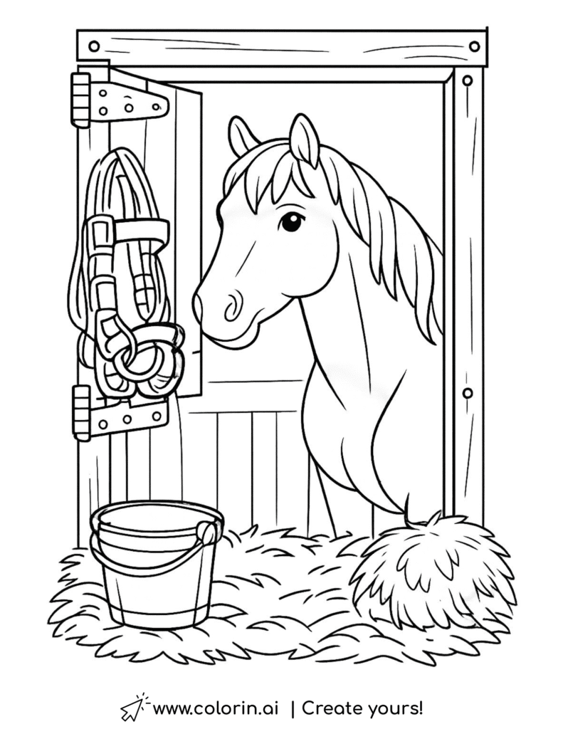 horse looking out of stable door coloring page with bridle and bucket coloring page