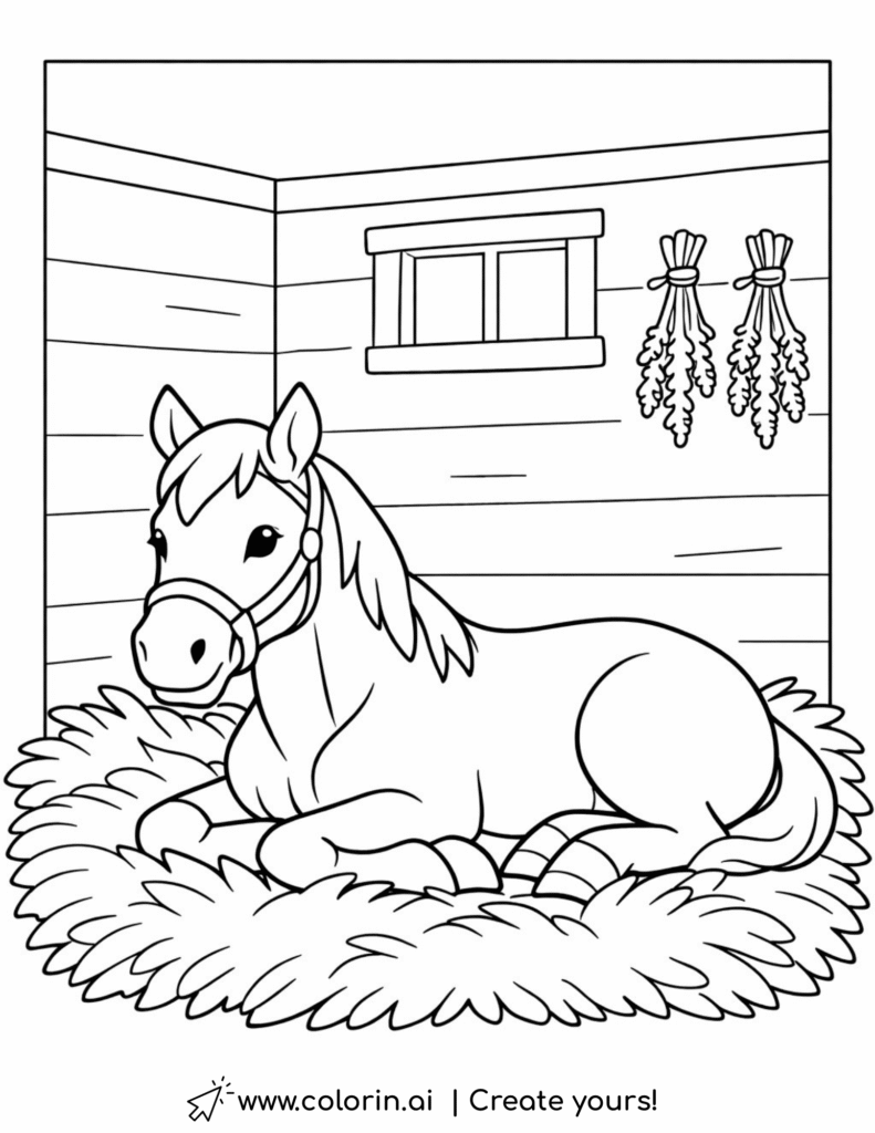 horse resting on hay in stable coloring page with wooden walls and herbs coloring page