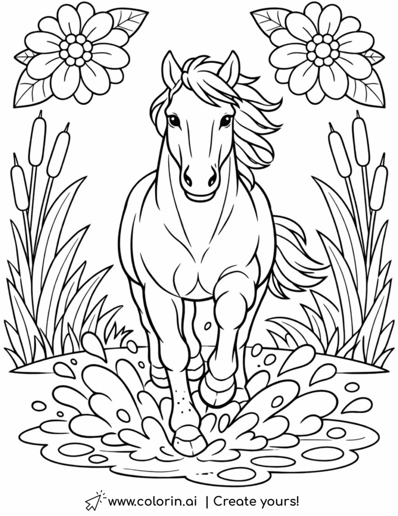 horse splashing in pond with flowers coloring page with water splash and tall plants coloring page