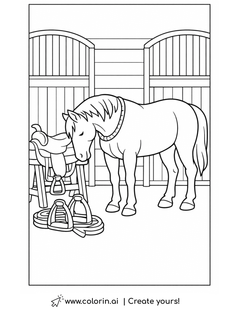 horse standing beside saddle in stable coloring page with stirrups and barn interior coloring page