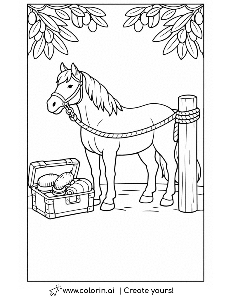 horse tied to post with grooming kit coloring page with rope and brushes coloring page