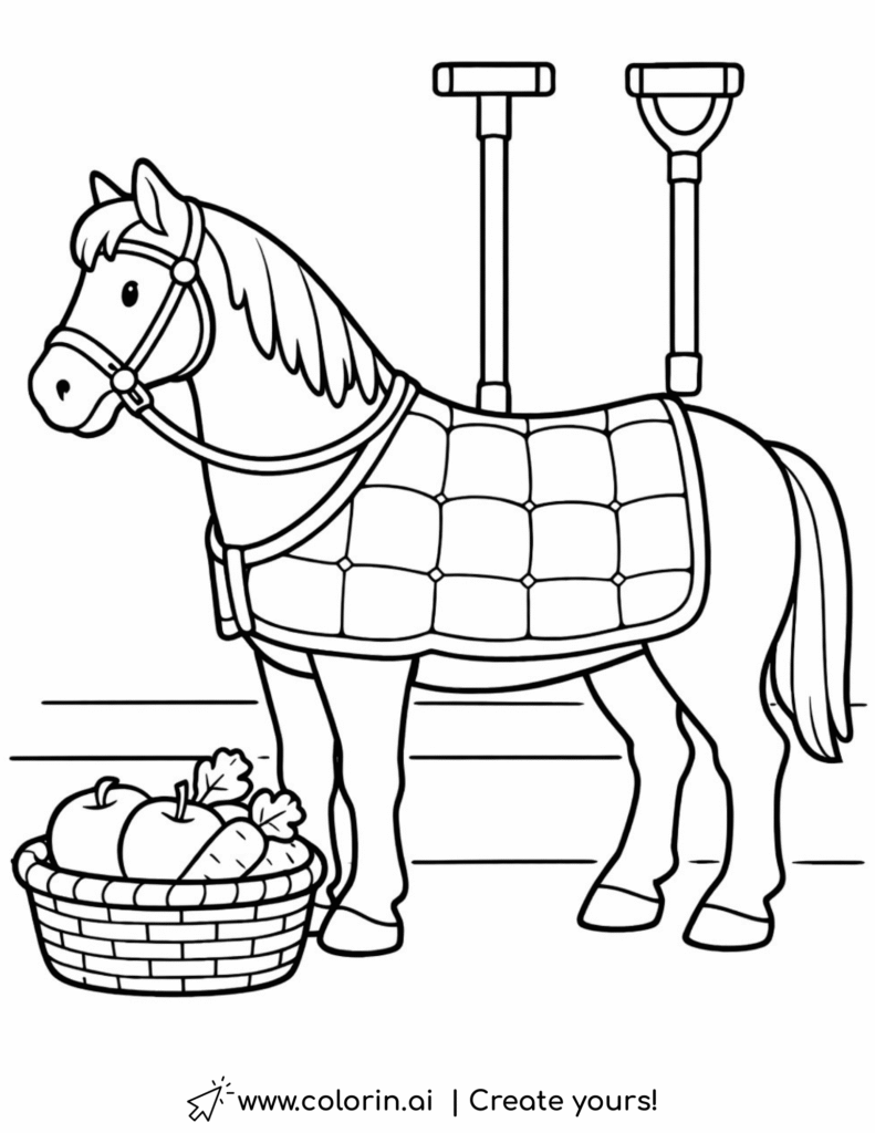 horse wearing blanket in stable coloring page with basket of apples and carrots coloring page