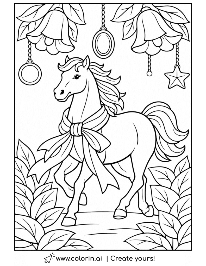 horse with big bow under hanging flowers coloring page with stars and ornaments coloring page