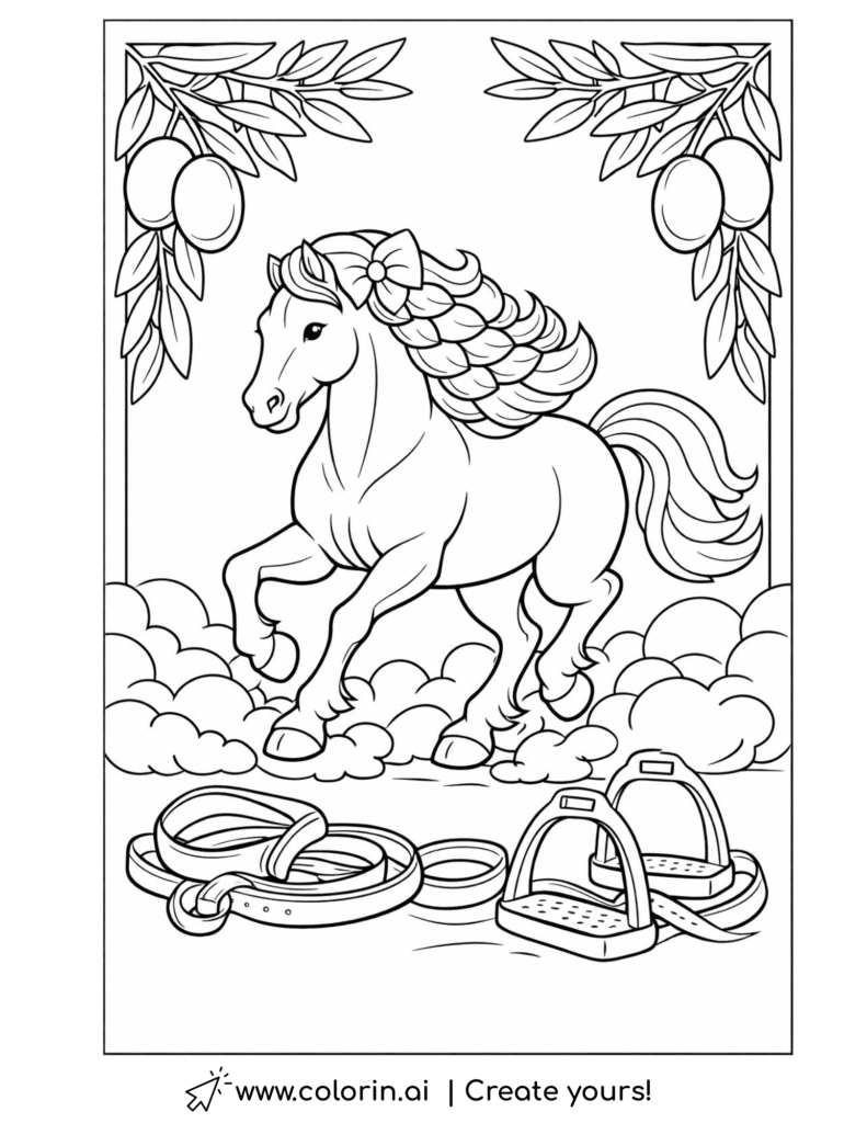 horse with braided mane in stable coloring page with saddle and stirrups coloring page
