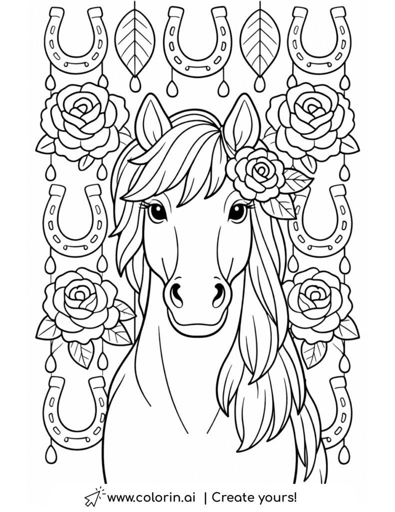 horse with roses and horseshoes coloring page with floral and lucky pattern background coloring page
