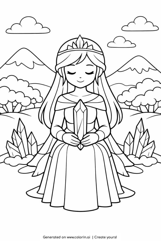 ice princess holding a crystal coloring page with mountains and crystals coloring page