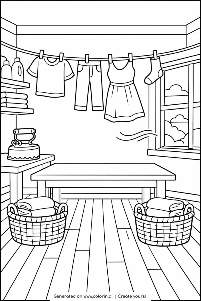 indoor laundry room with hanging clothes coloring page featuring baskets and window coloring page