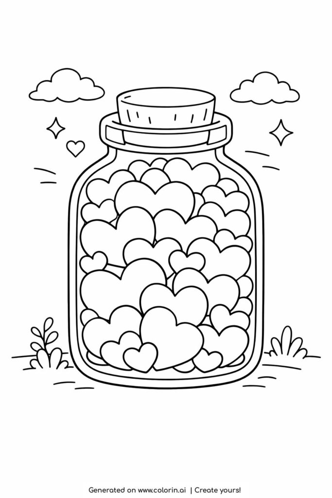 jar full of hearts coloring page with glass jar and stacked heart shapes coloring page