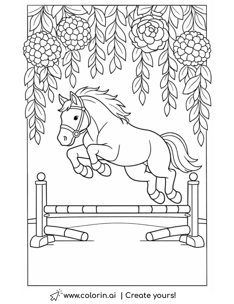 jumping horse over fence under flowers coloring page with hanging leaves and blossoms coloring page