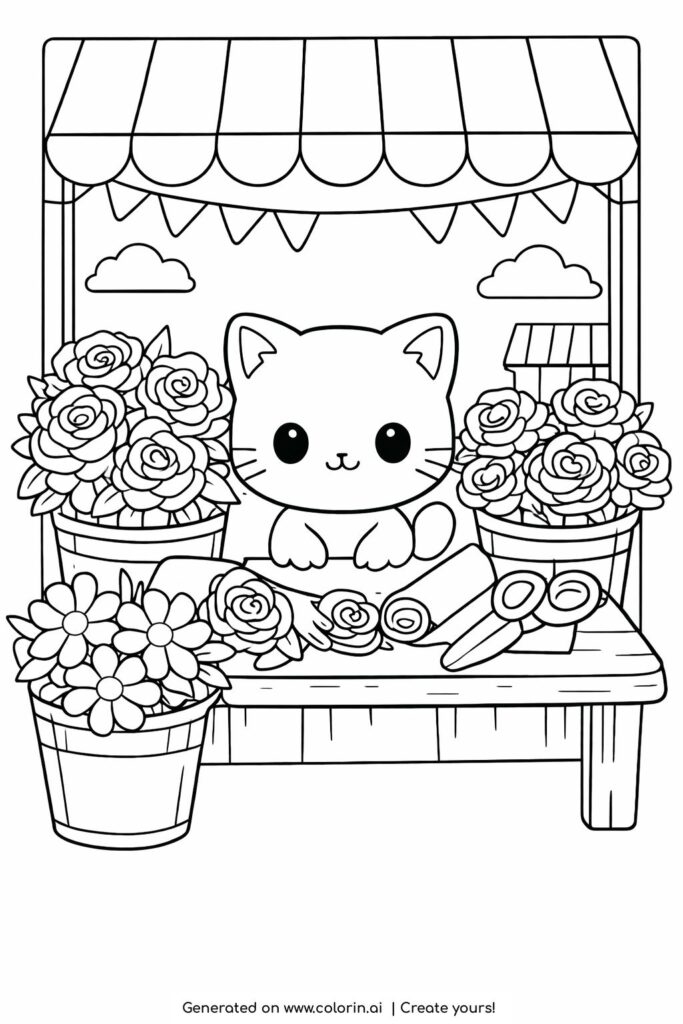 kitten at outdoor flower market coloring page with flower buckets and scissors