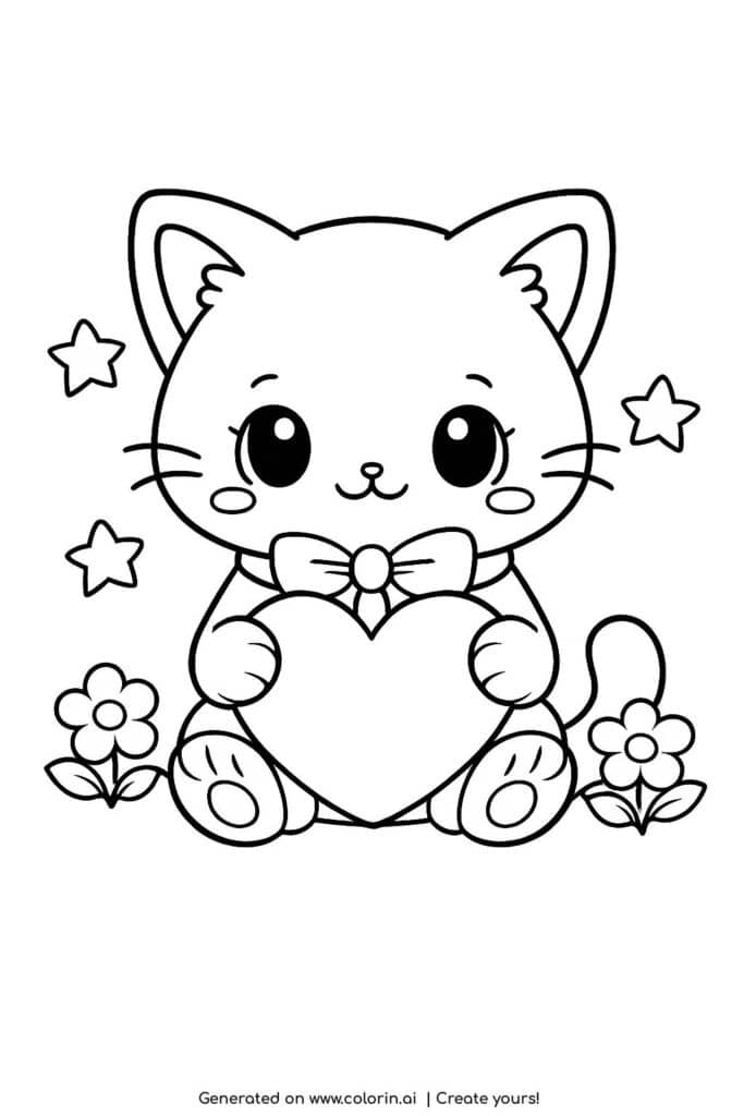kitten holding a heart coloring page with bow flowers and stars coloring page