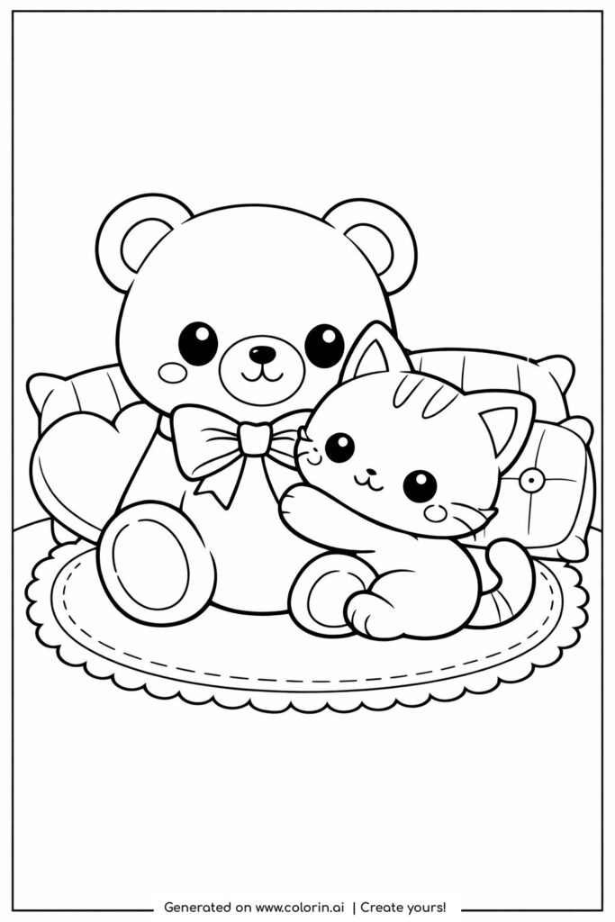 kitten hugging a teddy bear coloring page with round rug and cushions coloring page