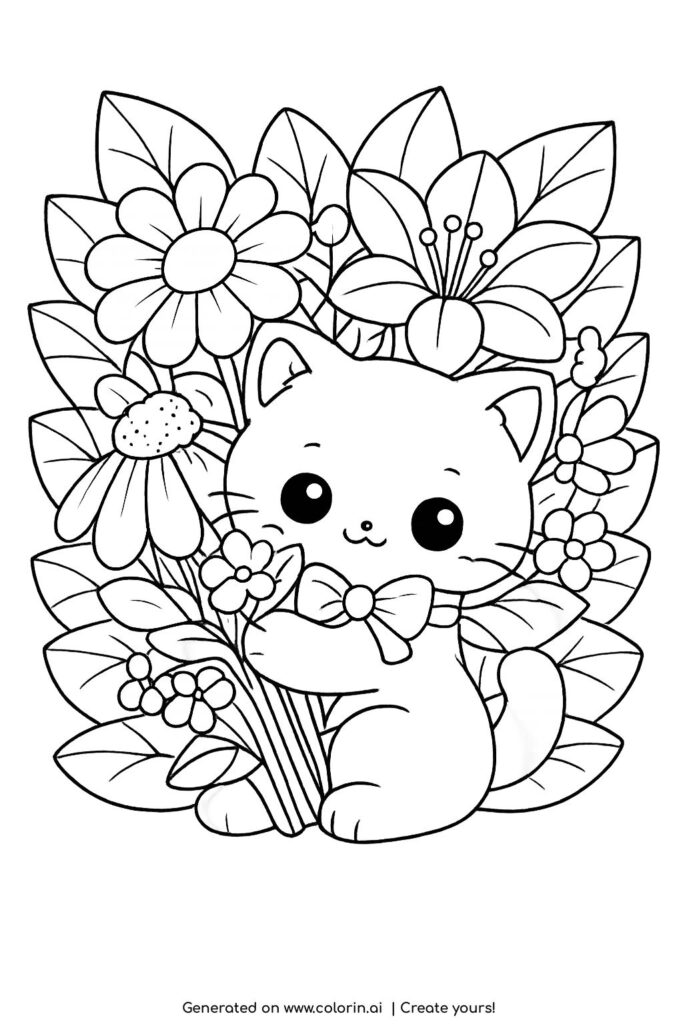 kitten hugging wildflower bouquet coloring page with large flowers and leafy background coloring page