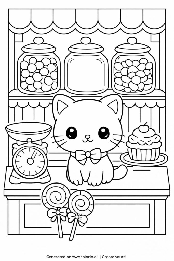 kitten in vintage candy shop coloring page with candy jars and cupcake