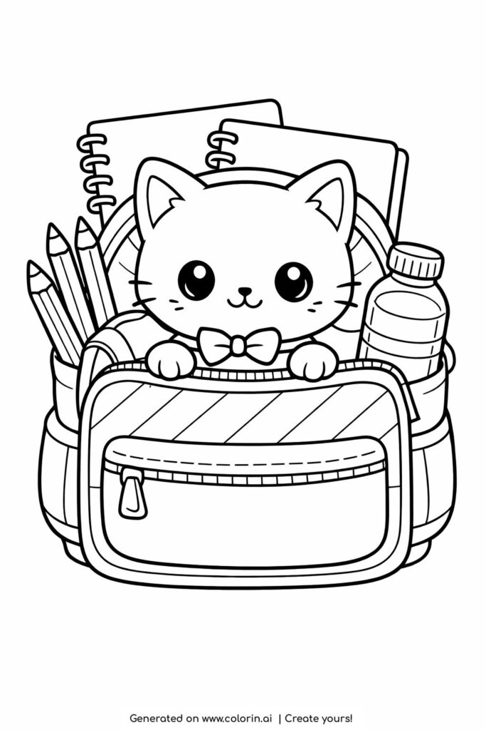 kitten inside a school backpack coloring page with notebooks and pencils coloring page