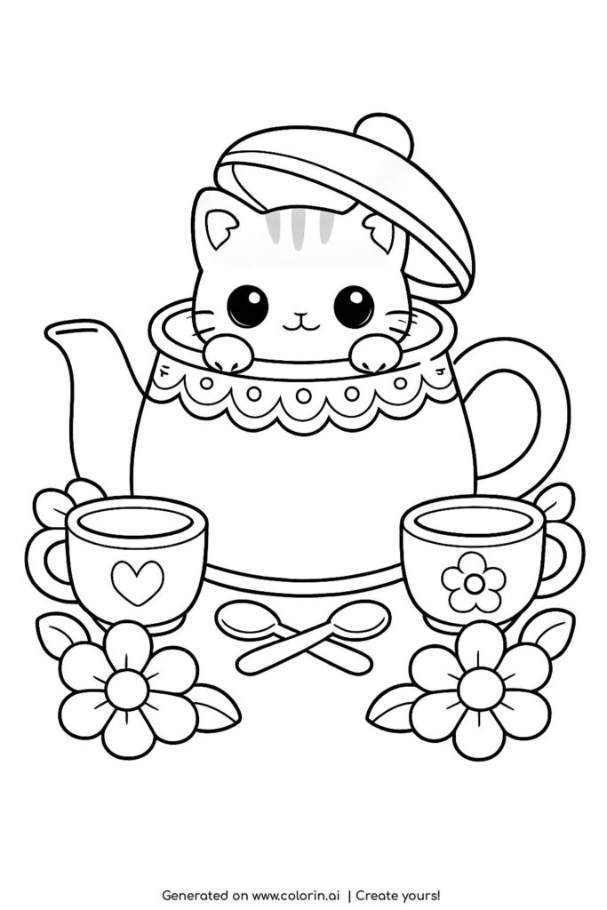 kitten inside a teapot coloring page with cups and flowers illustration coloring page