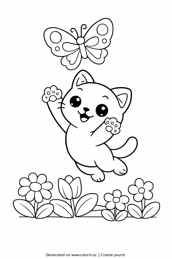 kitten jumping to catch a butterfly coloring page with flowers and big butterfly