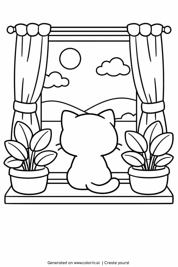 kitten looking out the window coloring page with curtains and potted plants coloring page