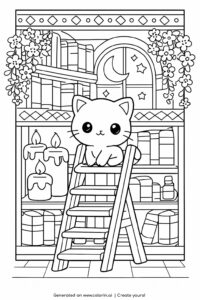 kitten on ladder in magical library coloring page with books and candles