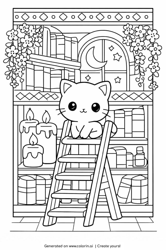 kitten on ladder in magical library coloring page with books and candles