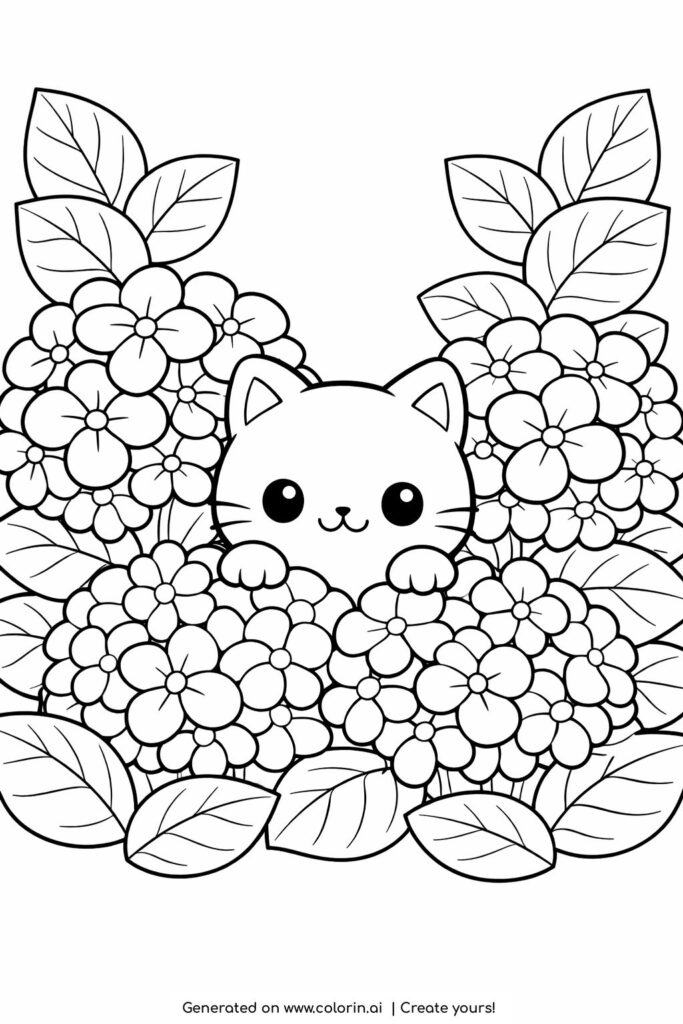 kitten peeking between hydrangeas coloring page with large round flowers and leaves coloring page