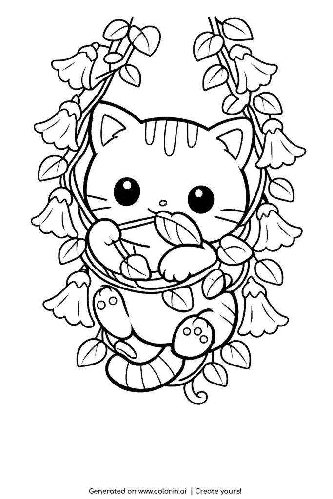 kitten playing with hanging flowers coloring page with bell shaped blossoms and leaves coloring page